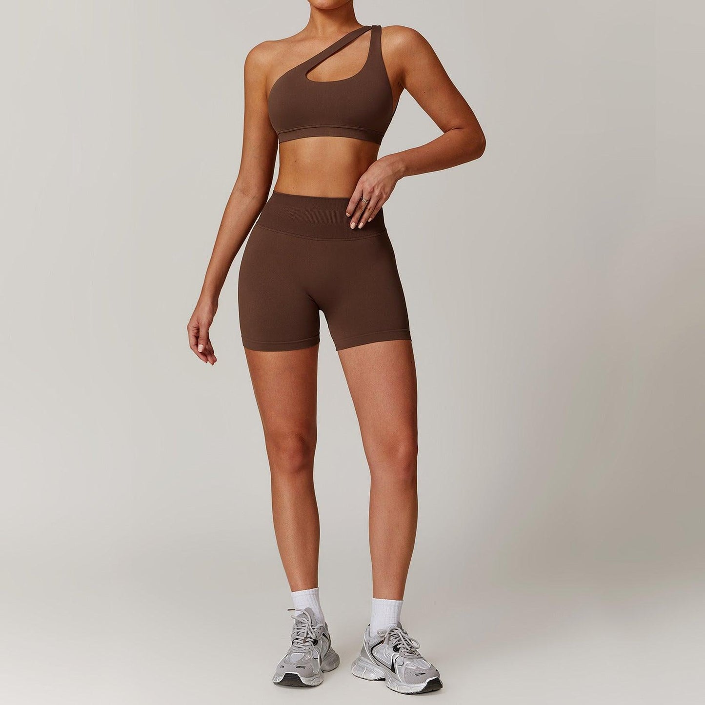 Slant Shoulder Bra + High-Waisted Shorts Yoga Set | Country Girl Fitness Outfit in brown, showcasing unique one-shoulder design.