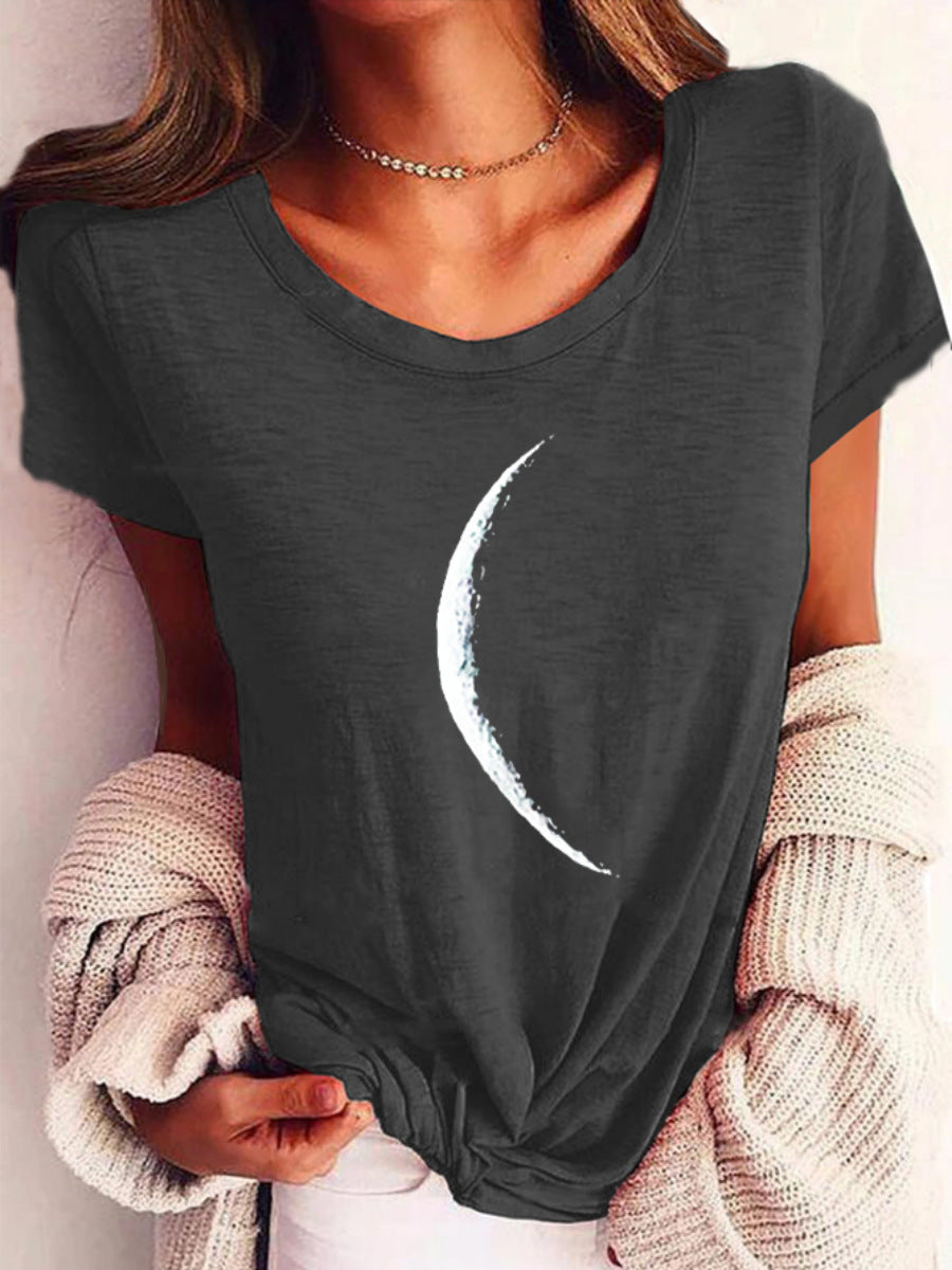 Woman wearing Wide Collar Printed T-Shirt – Casual Short Sleeve Top for Women with moon design, styled casually.