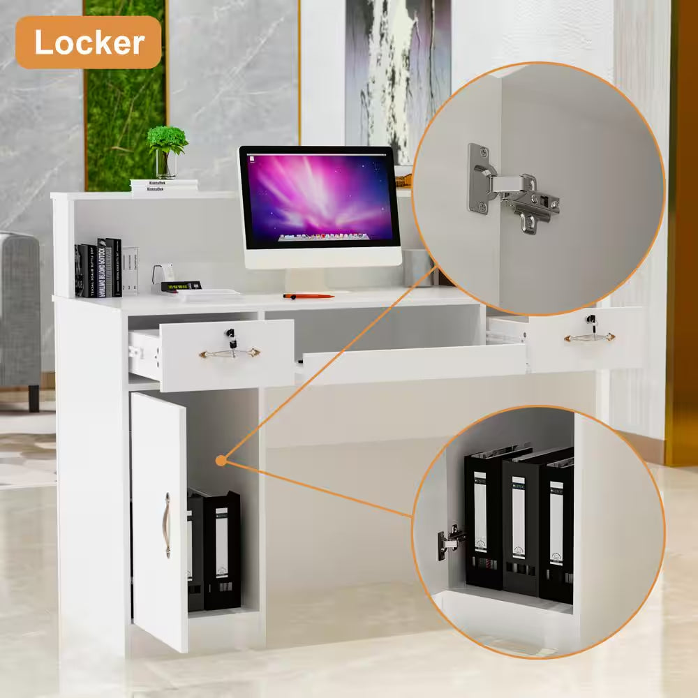Natural White Corner Computer Desk with Hutch and Storage featuring a built-in locker, perfect for home and office organization.