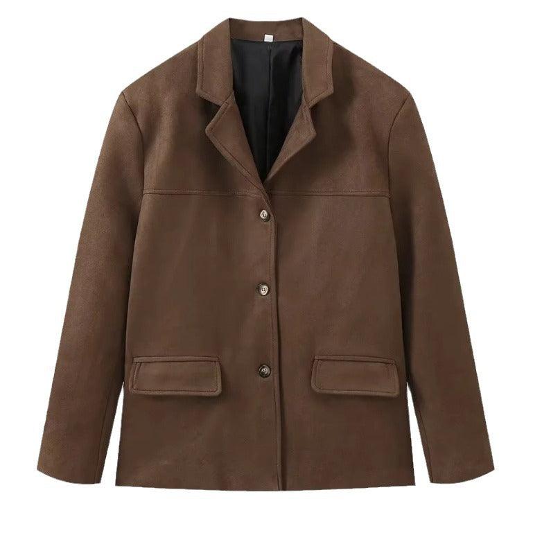 Timeless Suede Princess Jacket - Chic Mocha and Latte Retro Jacket for Women with flip collar and single-breasted buckle closure