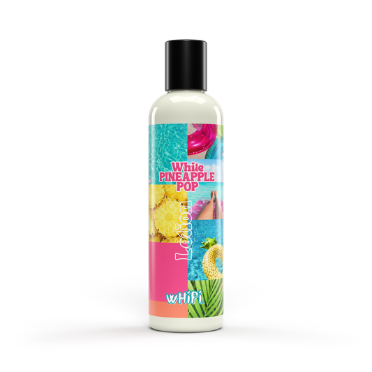 Body Lotion- White Pineapple Pop Body Lotion bottle with colorful label design featuring tropical imagery.