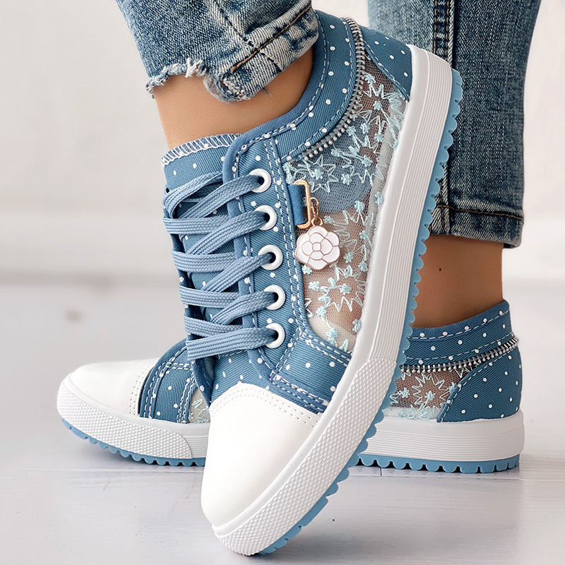 Floral Embroidered Polka Dot Print Sneakers — Women’s Casual Canvas Shoes