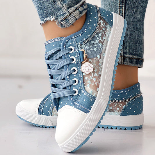 Floral Embroidered Polka Dot Print Sneakers — Women’s Casual Canvas Shoes