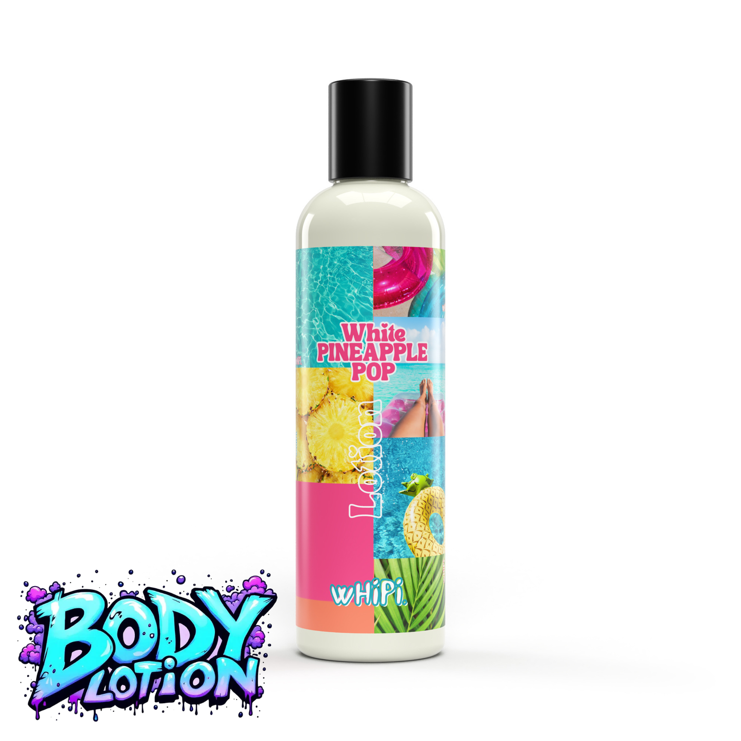 Image of Body Lotion- White Pineapple Pop Body Lotion bottle with vibrant label and tropical theme.