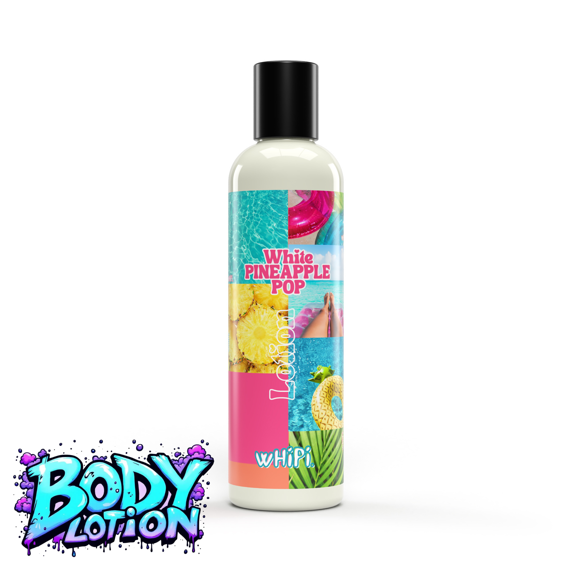 Image of Body Lotion- White Pineapple Pop Body Lotion bottle with vibrant label and tropical theme.