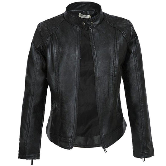 Black Leather Motorcycle Jacket | Stylish and Warm for Bikers & Nightlife, sleek design with zipper closure on a mannequin