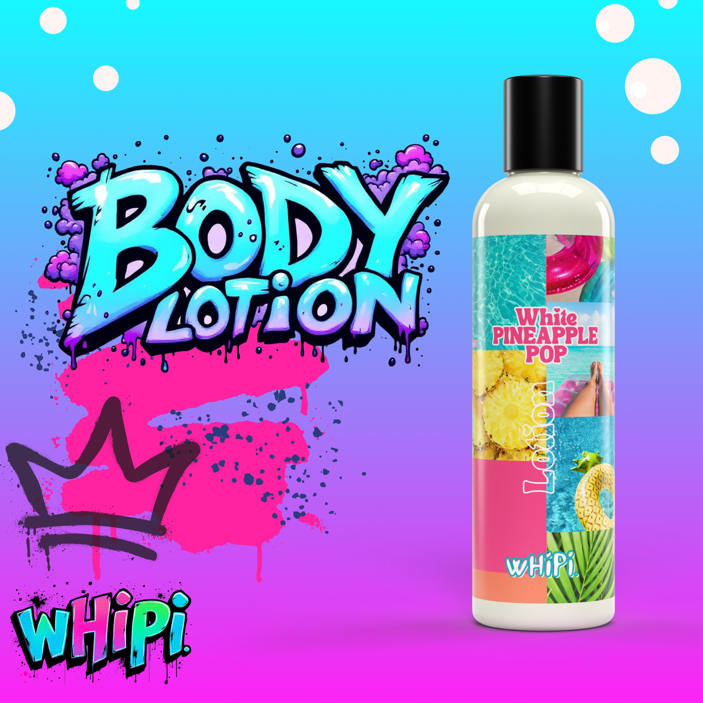 Body Lotion- White Pineapple Pop Body Lotion in vibrant packaging with tropical fruit graphics on a colorful background.