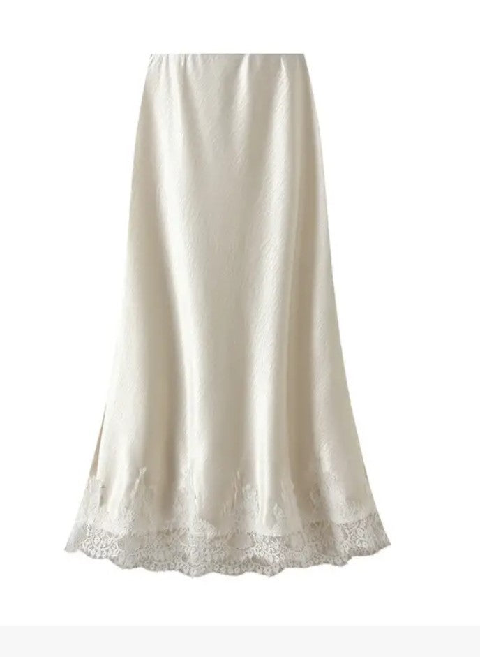 Satin Midi Skirt with Lace Trim