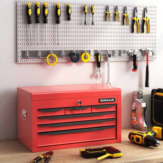 24 Inch Tool Chest Case with 6 Drawers and Top Storage for Garage Repair Shop & Warehouse-Red displayed in a workshop setting
