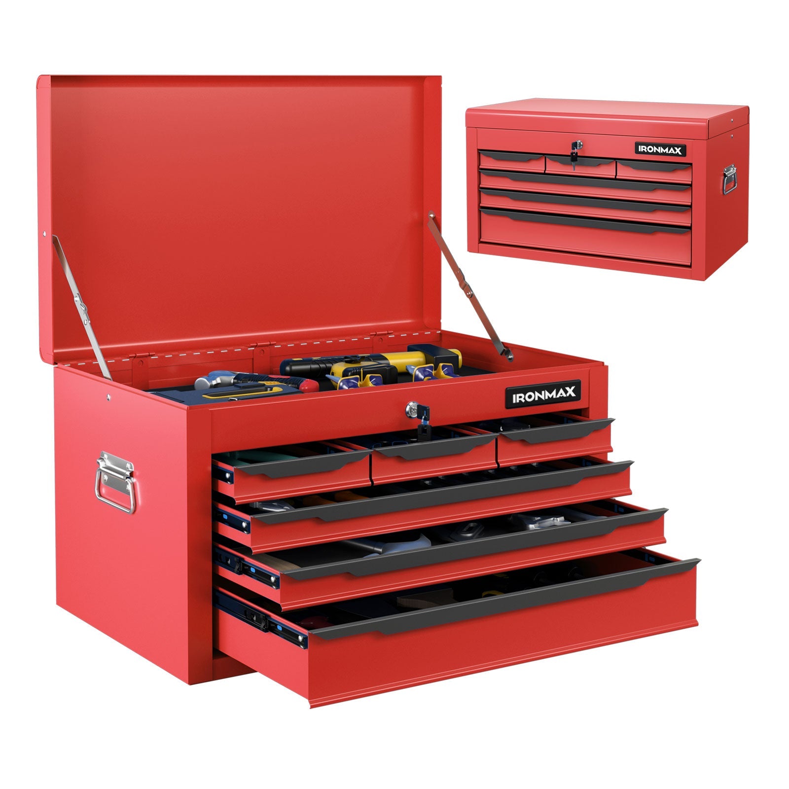 24 Inch Tool Chest Case with 6 Drawers and Top Storage for Garage Repair Shop & Warehouse-Red, open with visible tools and storage space.