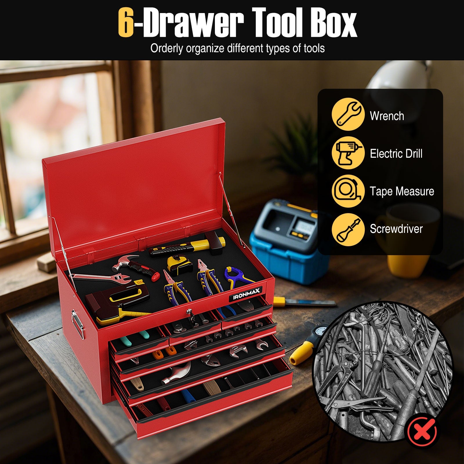 24 Inch Tool Chest Case with 6 Drawers and Top Storage for Garage Repair Shop & Warehouse-Red, organized tools displayed.