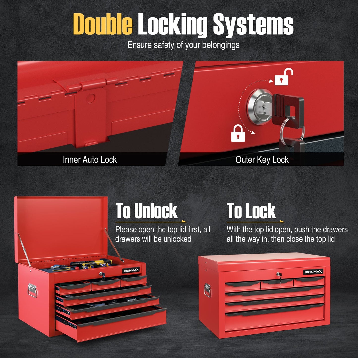 24 Inch Tool Chest Case with 6 Drawers and Top Storage for Garage Repair Shop & Warehouse-Red with double locking systems.