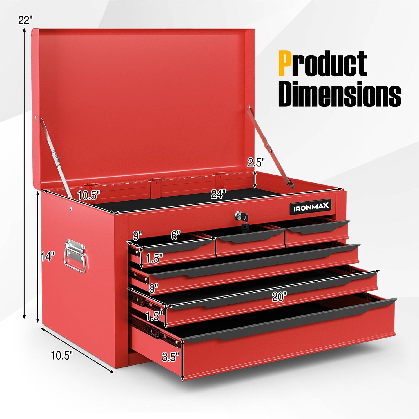 24 Inch Tool Chest Case with 6 Drawers and Top Storage for Garage Repair Shop & Warehouse-Red, heavy-duty steel, open view