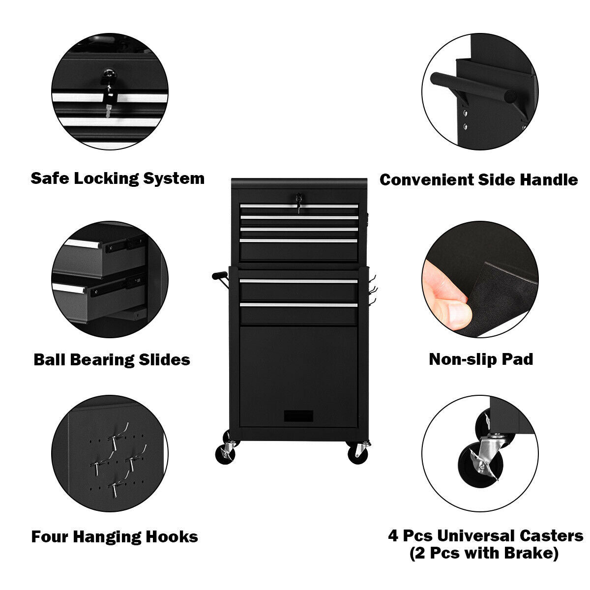 Rolling Cabinet Storage Chest Box Garage Toolbox-Black with safe locking, ball-bearing slides, and universal wheels with brake