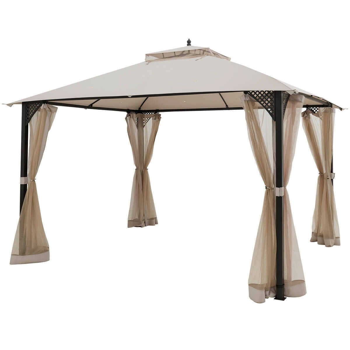 12’ x 10’Outdoor Double Top Patio Gazebo-Beige with dual-tiered roof and durable steel frame, ideal for shade and airflow.