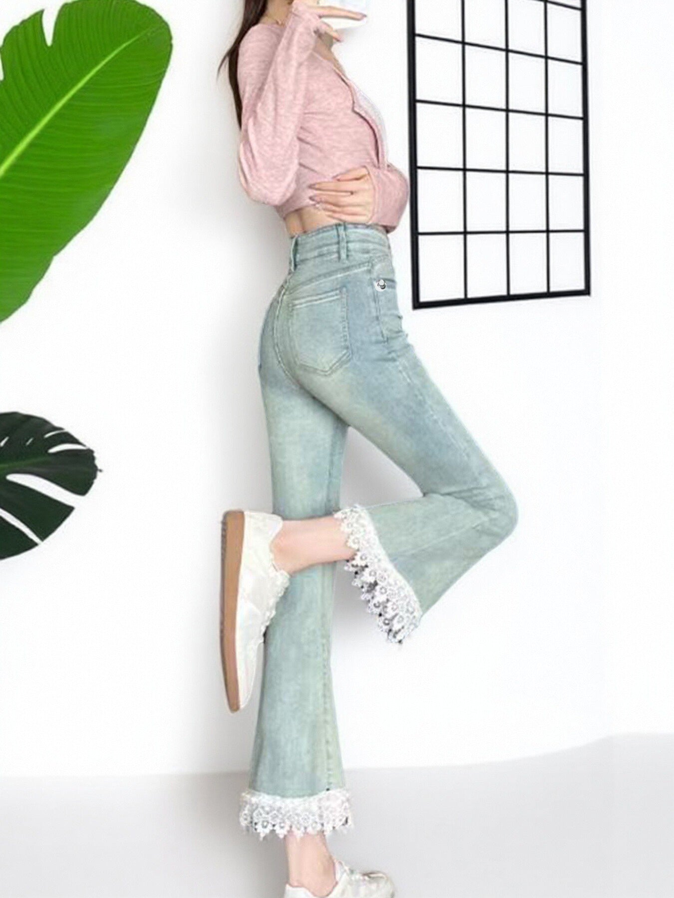 Light Blue Micro-Flare Lace Stretch Jeans for Women with lace panels and decorative stitching, cropped length for casual or chic outfits
