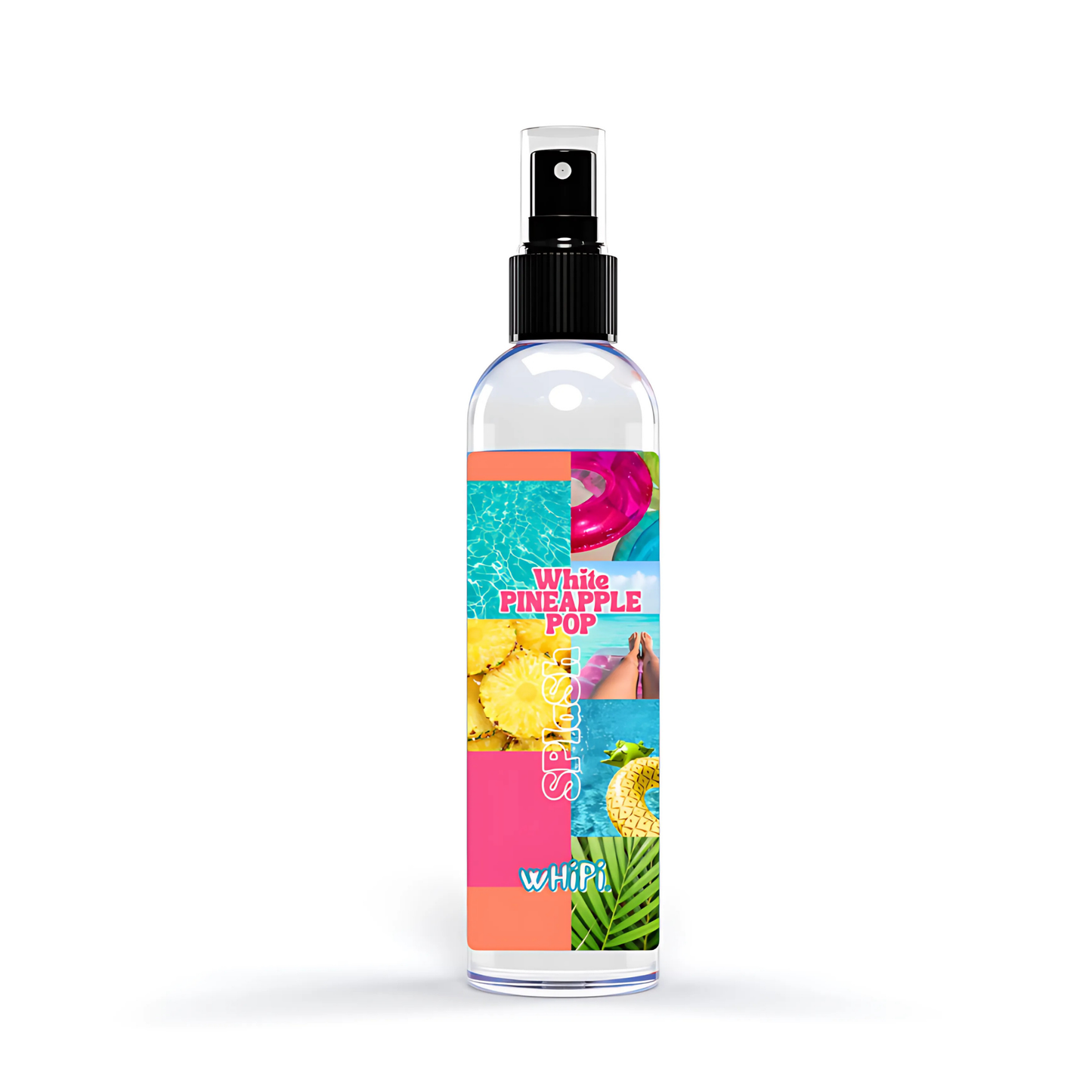 Body Mist- White Pineapple Pop Body Mist in a vibrant bottle with tropical design and spray nozzle, offering a refreshing scent experience.