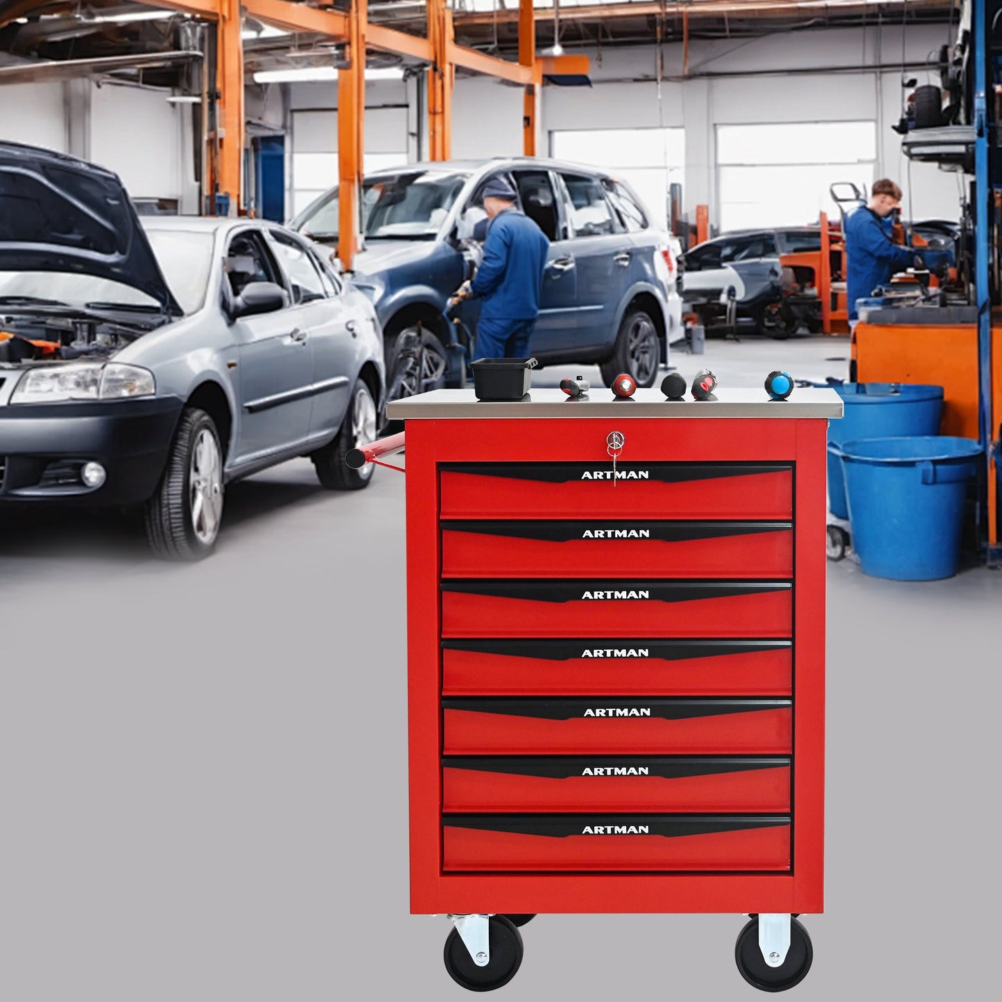 7 Drawers Multifunctional Tool Cart with Wheels,Metal Rolling Tool Cart Storage for Garage Workshop Warehouse Repair Shop--With Stainless Steel Roof- Red&Black