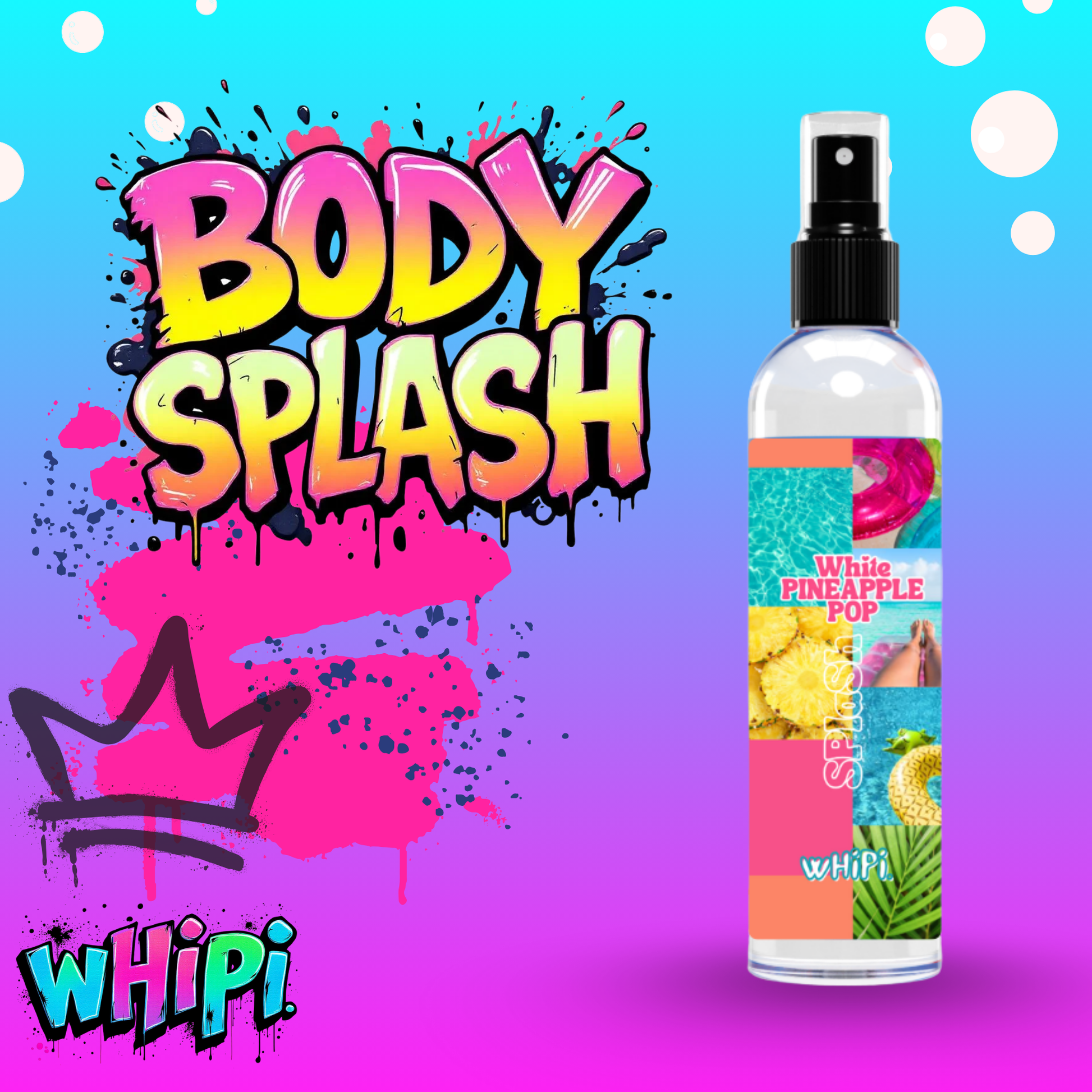 Body Mist- White Pineapple Pop Body Mist bottle with colorful graffiti-style background and tropical theme.