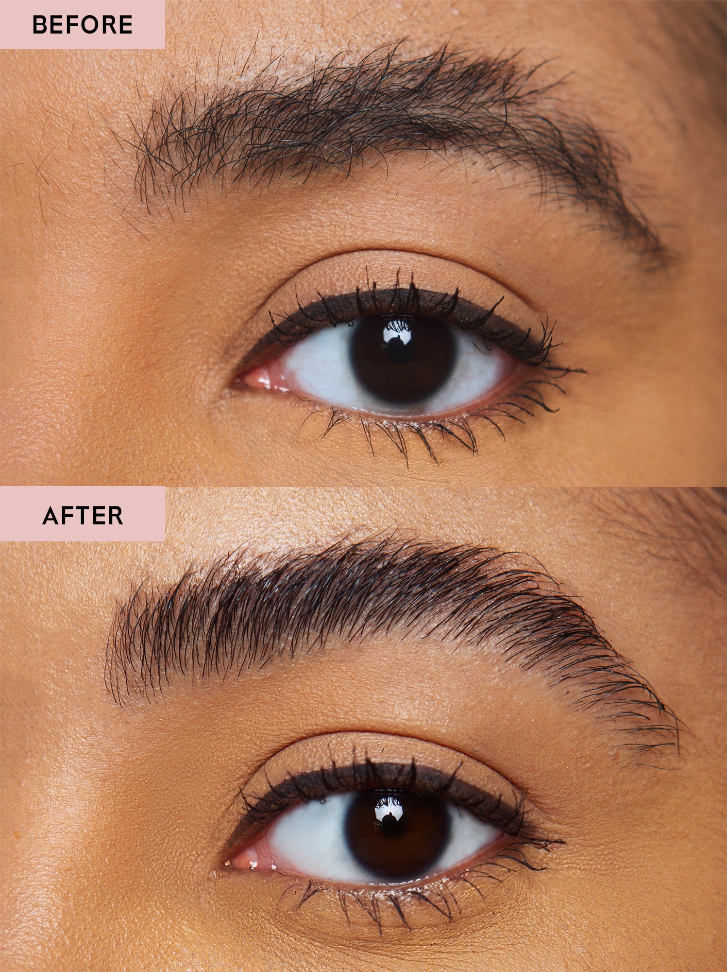 Before and after using LAMIK Beauty's Brow Gel for shaping and grooming eyebrows. Long-wearing, vegan, cruelty-free brow gel results.