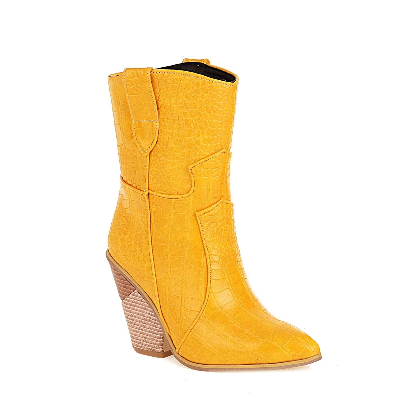 Yellow high heel western-style ankle boot with textured design and slanted wooden heel.
