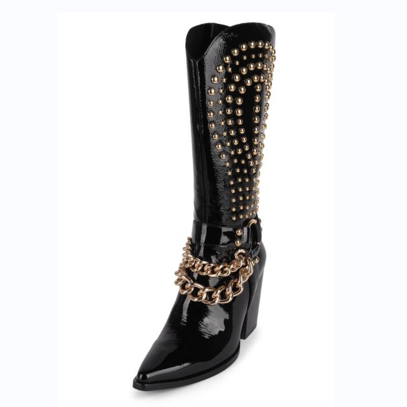 Knight Studded Cowboy Boots | Punk Rock Style with Rivets & Chains featuring black leather, gold studs, and chain buckle detail.