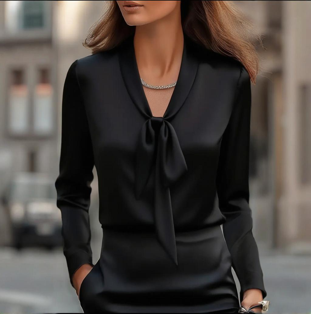 Elegant Satin Ribbon Blouse — Long Sleeve Button-Down Work Shirt in black with neck tie detail, perfect for office or meetings.