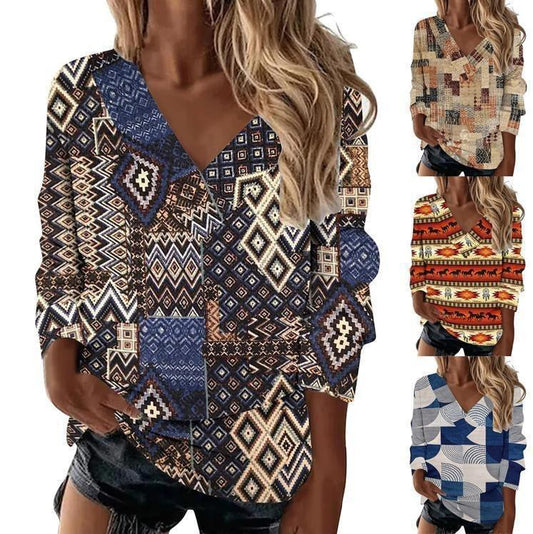 Boho Western V-Neck Long Sleeved Top – Stylish Cowgirl Fashion with Geometric Patterns in vibrant colors and design.