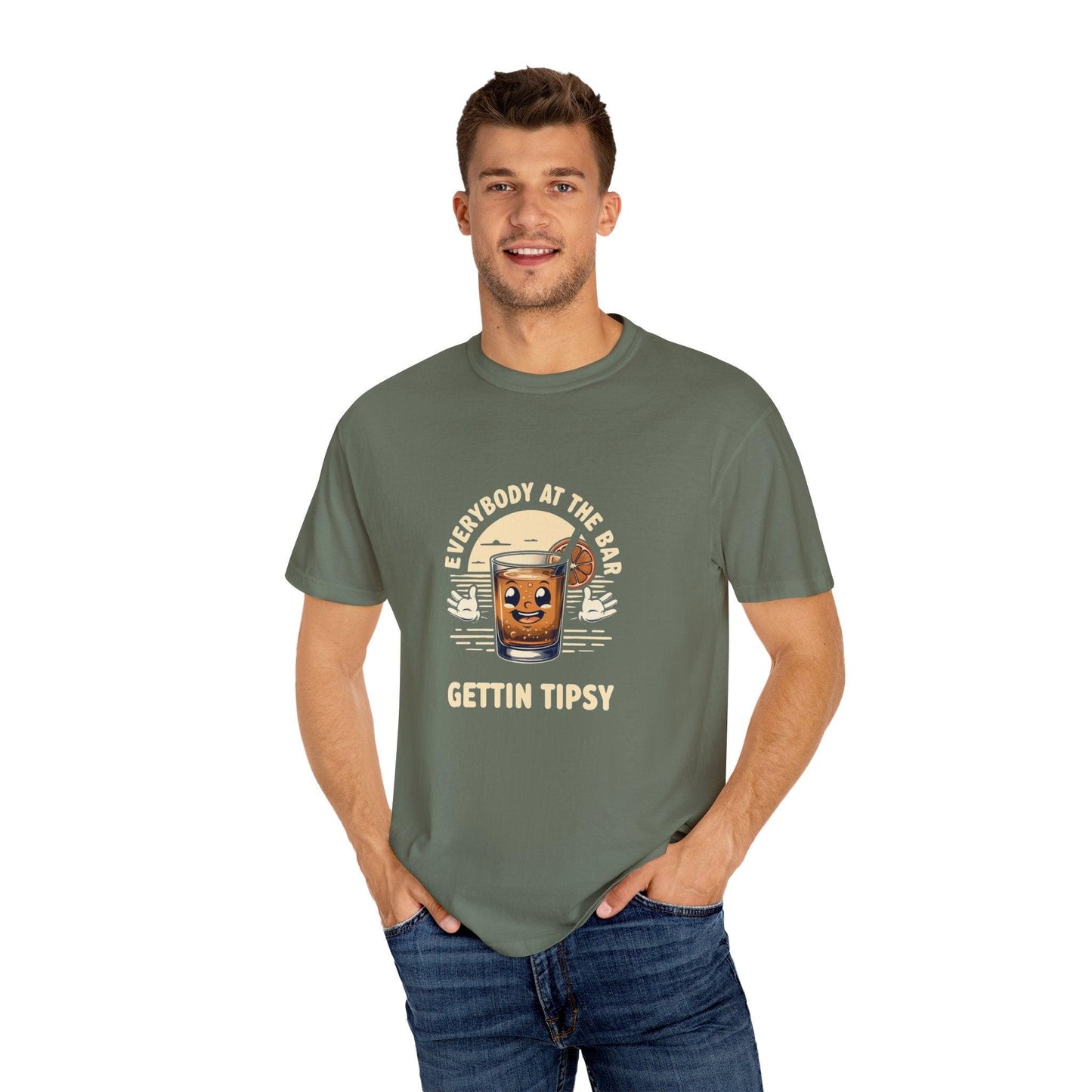 Man wearing Everybody at the Bar Gettin Tipsy Unisex Garment-Dyed T-Shirt with whiskey glass design