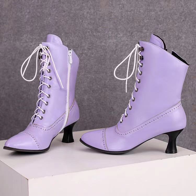 Women’s High Heel Martin Boots – British Style Motorcycle Fashion in lavender color with lace-up design and sleek high heels