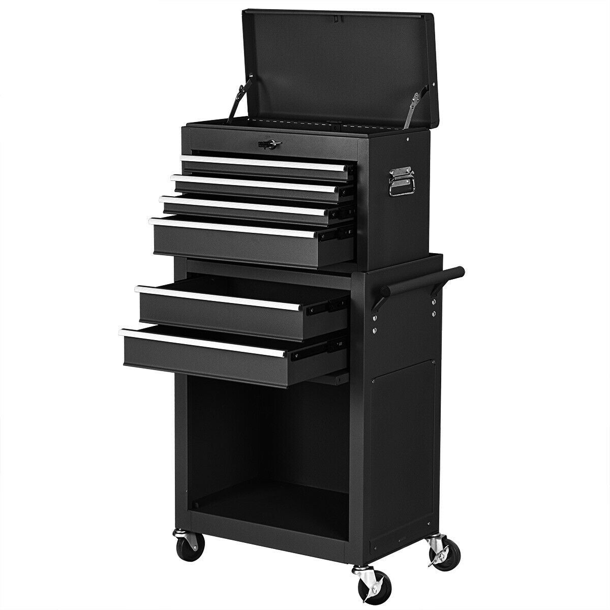 Rolling Cabinet Storage Chest Box Garage Toolbox-Black with lockable design and sliding drawers shown fully open.