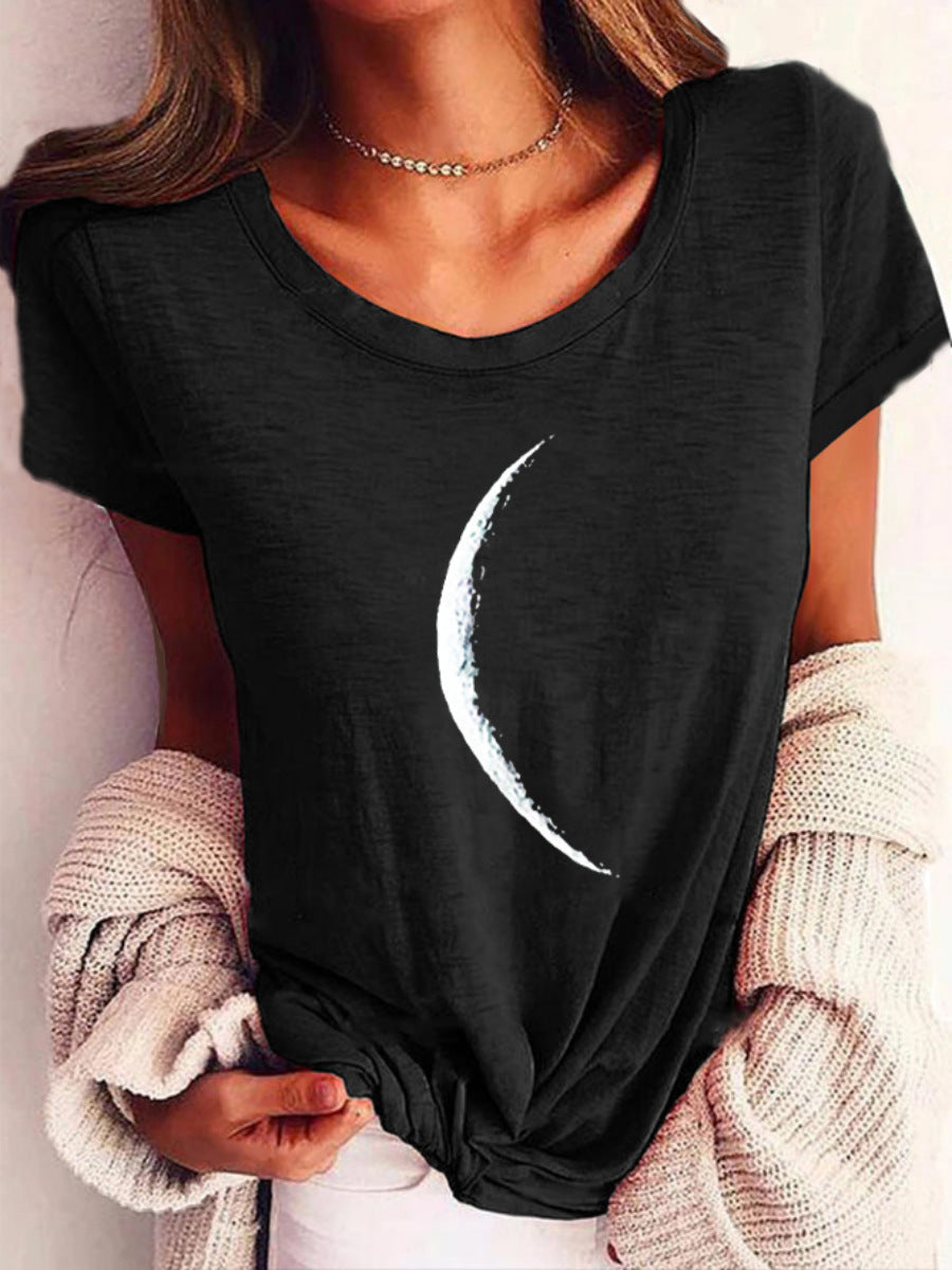 Woman wearing Wide Collar Printed T-Shirt – Casual Short Sleeve Top for Women with crescent moon design.