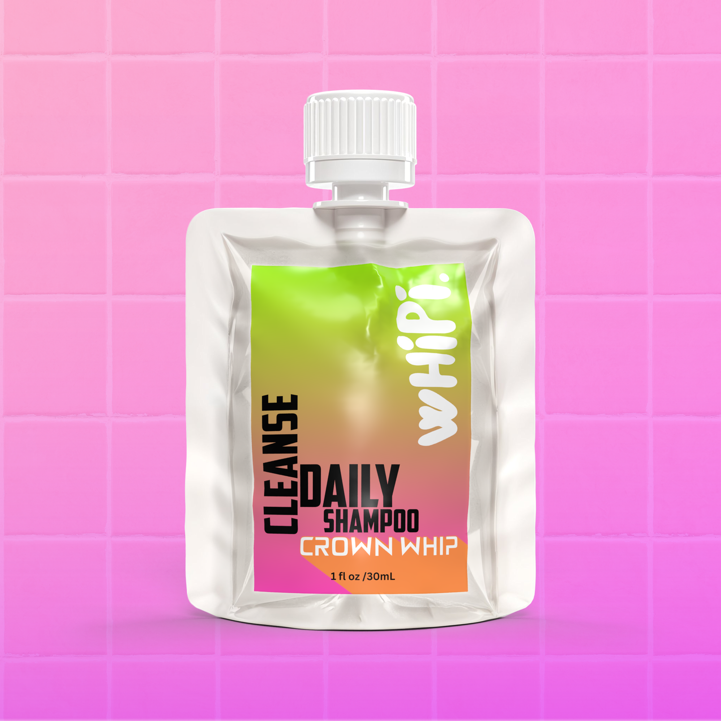 Cleanse – Crown Whip Daily Shampoo pouch on pink tiled background, 1 oz pack