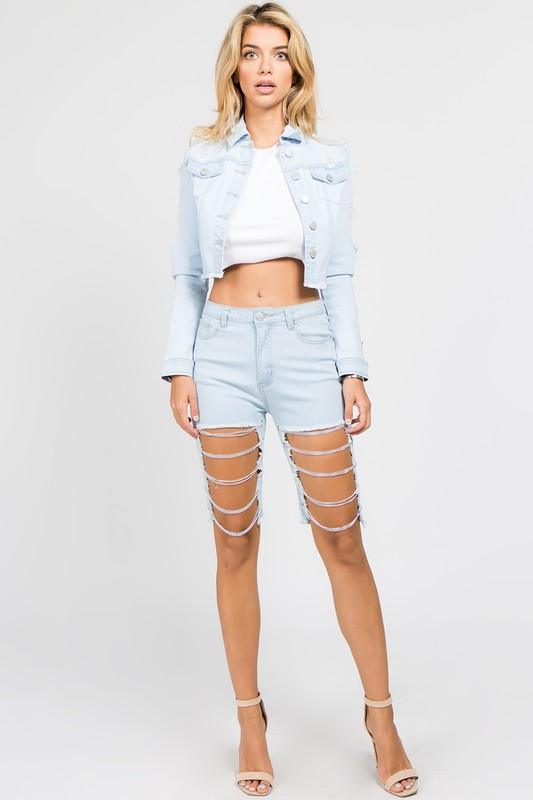 Cutoff Bermuda Shorts with Chains, Country Girl Denim Shorts for Summer & Spring, model wearing trendy chain detailed denim shorts