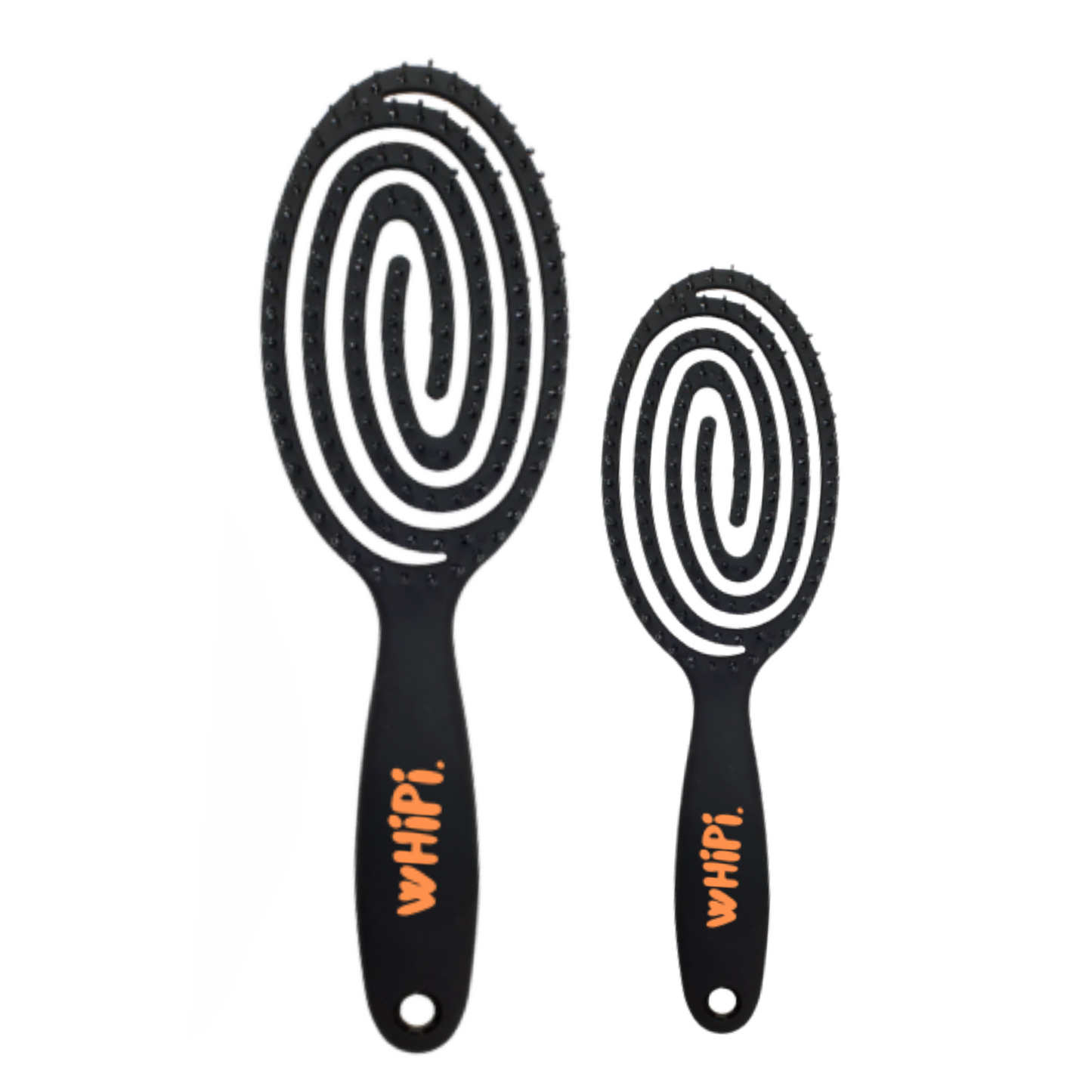 Detangle- Crown Detangle Brush Black with Poly Flex Technology, shown in two sizes for easy and pain-free hair detangling