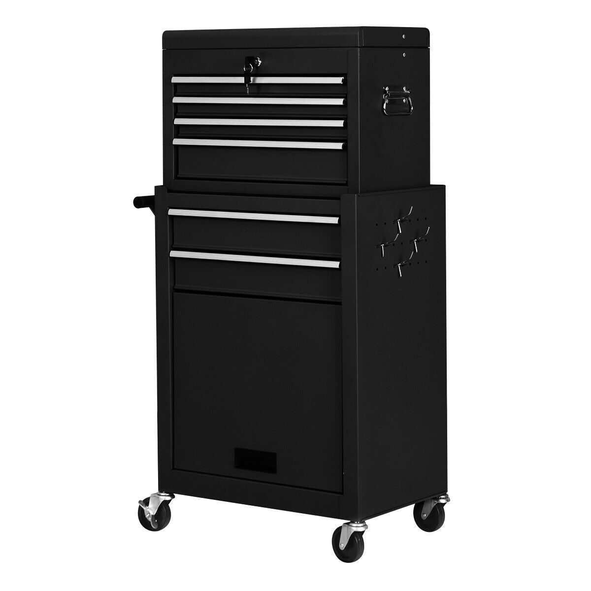 Rolling Cabinet Storage Chest Box Garage Toolbox-Black with drawers and universal wheels, lockable design, made of durable powder-coated steel.