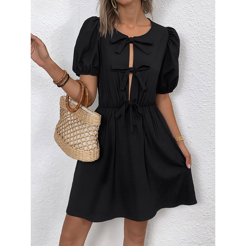 Women’s Striped Tie-Front Puff Sleeve Mini Dress
