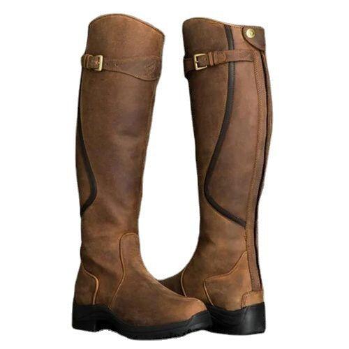 Vintage Ride Leather Boots - Stylish Retro Riding Boots for Trendy Women, crafted from genuine leather with rubber sole and low heel.