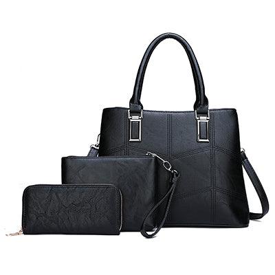 Luxury 3 Piece Leather Tote Set | Genuine Leather Cowgirl Shoulder Bag & Clutch in black, featuring tote, shoulder bag, and clutch.