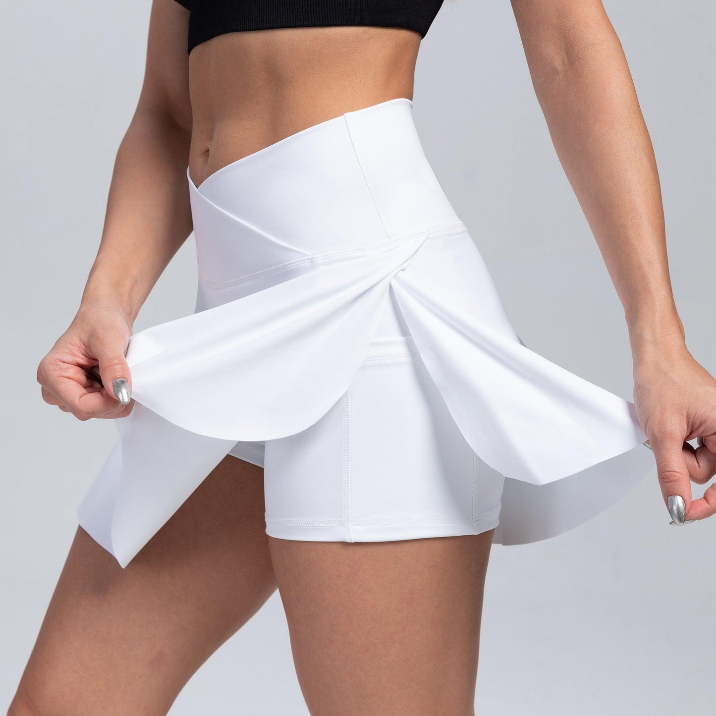 Model wearing Cowgirl Fit High-Waisted Yoga Skirt Shorts showcasing sporty, stylish, and comfortable activewear.