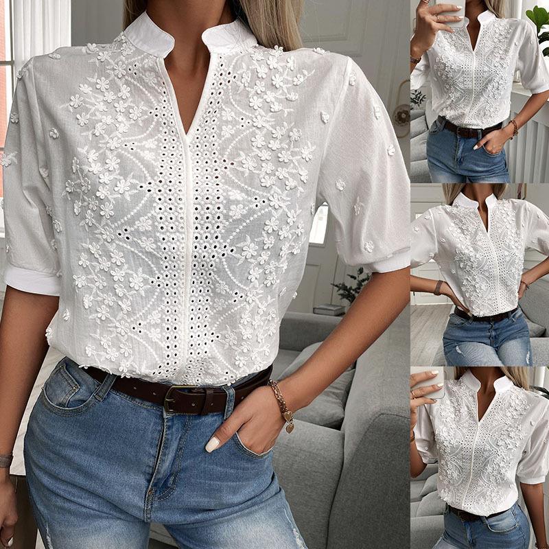 Woman wearing French Lace Embroidered Top - Stylish Stand Up Collar Top for Trendy Women with floral design, casual and elegant style.