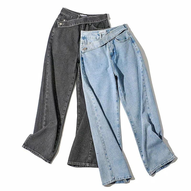 Retro Oblique Belted High Waist Straight Wide Leg Jeans for Cowgirls in black and blue denim
