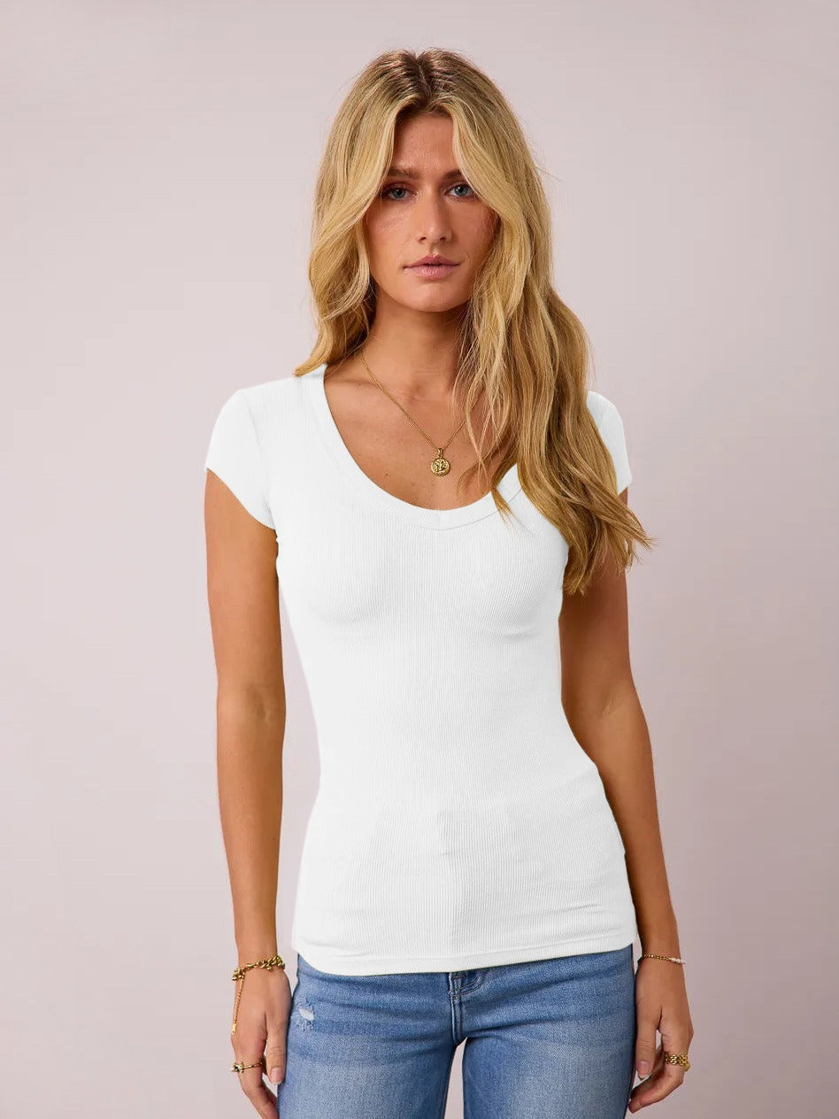 Woman wearing Saddle Ridge Everyday Tee in Off-White, showcases modern cowgirl style with short sleeves and slim fit.