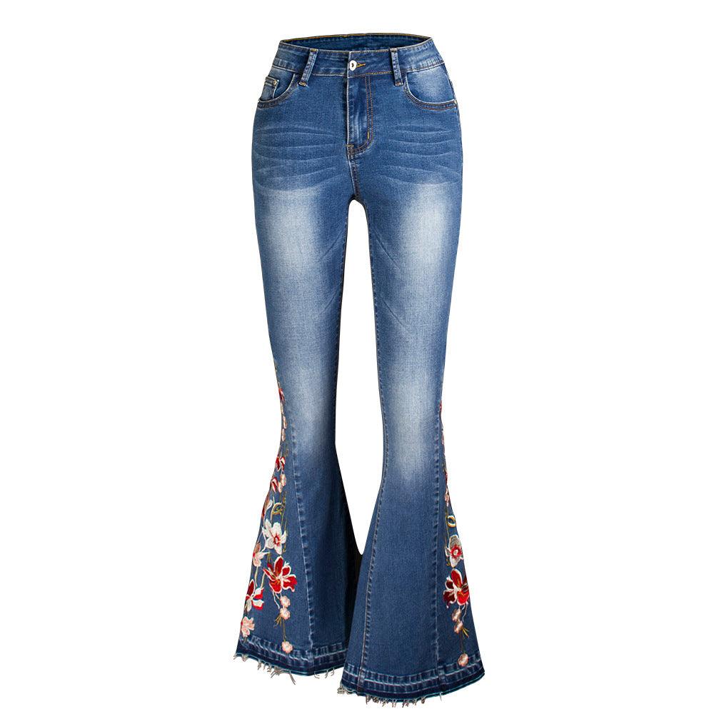Flared Leg Embroidered Denim Jeans | Cowgirl Style with a Floral Touch featuring floral embroidery on flared hems for vintage charm