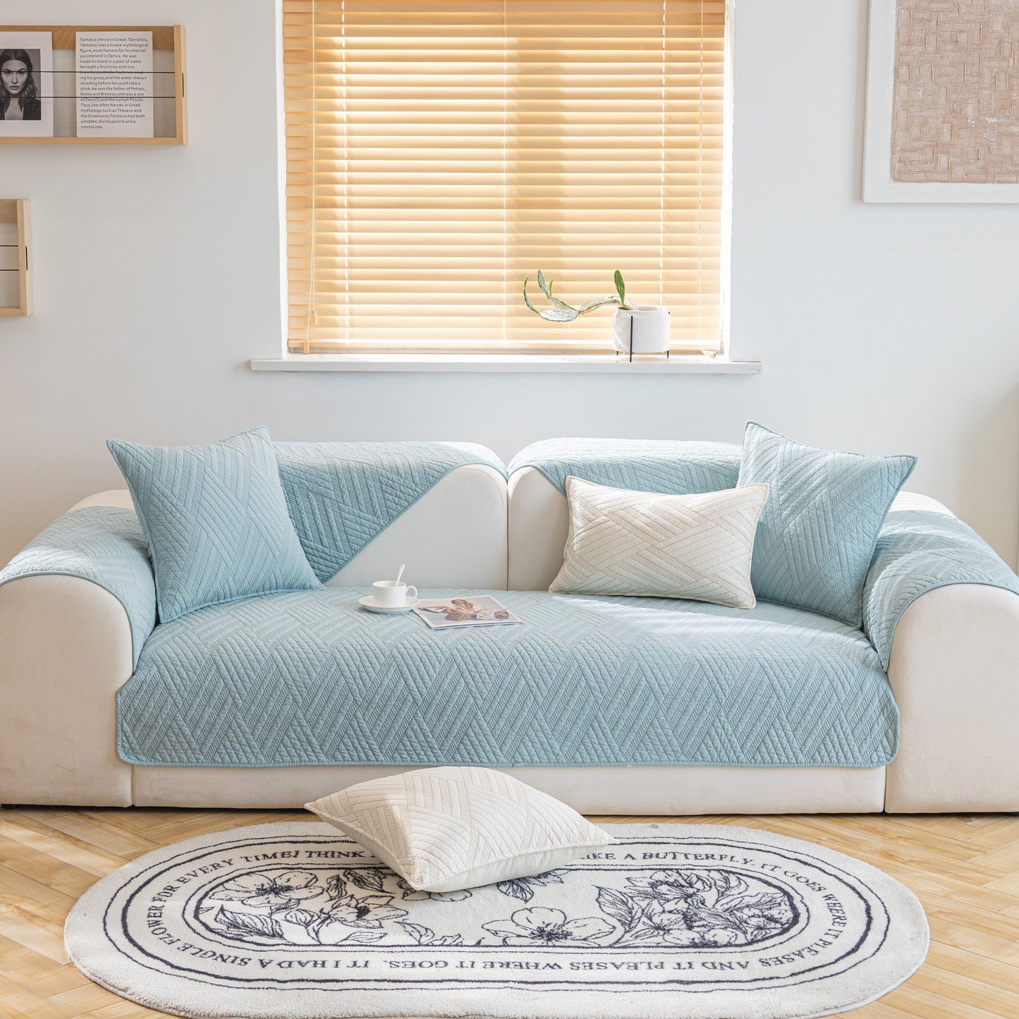 Quilted Geometric Cotton Sofa Cover, Non-Slip & Thick Padded Furniture Covers on a white sofa in a living room.