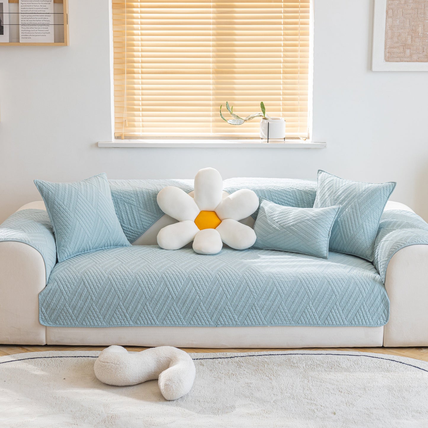 Quilted Geometric Cotton Sofa Cover, Non-Slip & Thick Padded Furniture Covers on light blue sofa