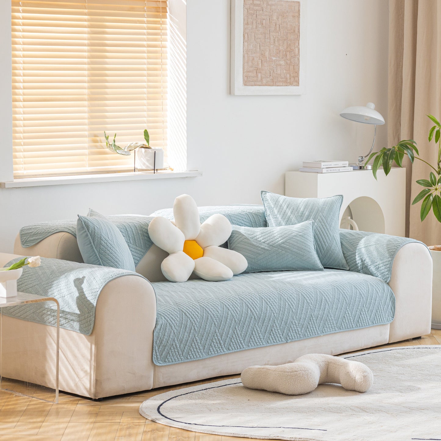 Quilted Geometric Cotton Sofa Cover, Non-Slip & Thick Padded Furniture Covers in a modern living room setting with cozy decor.