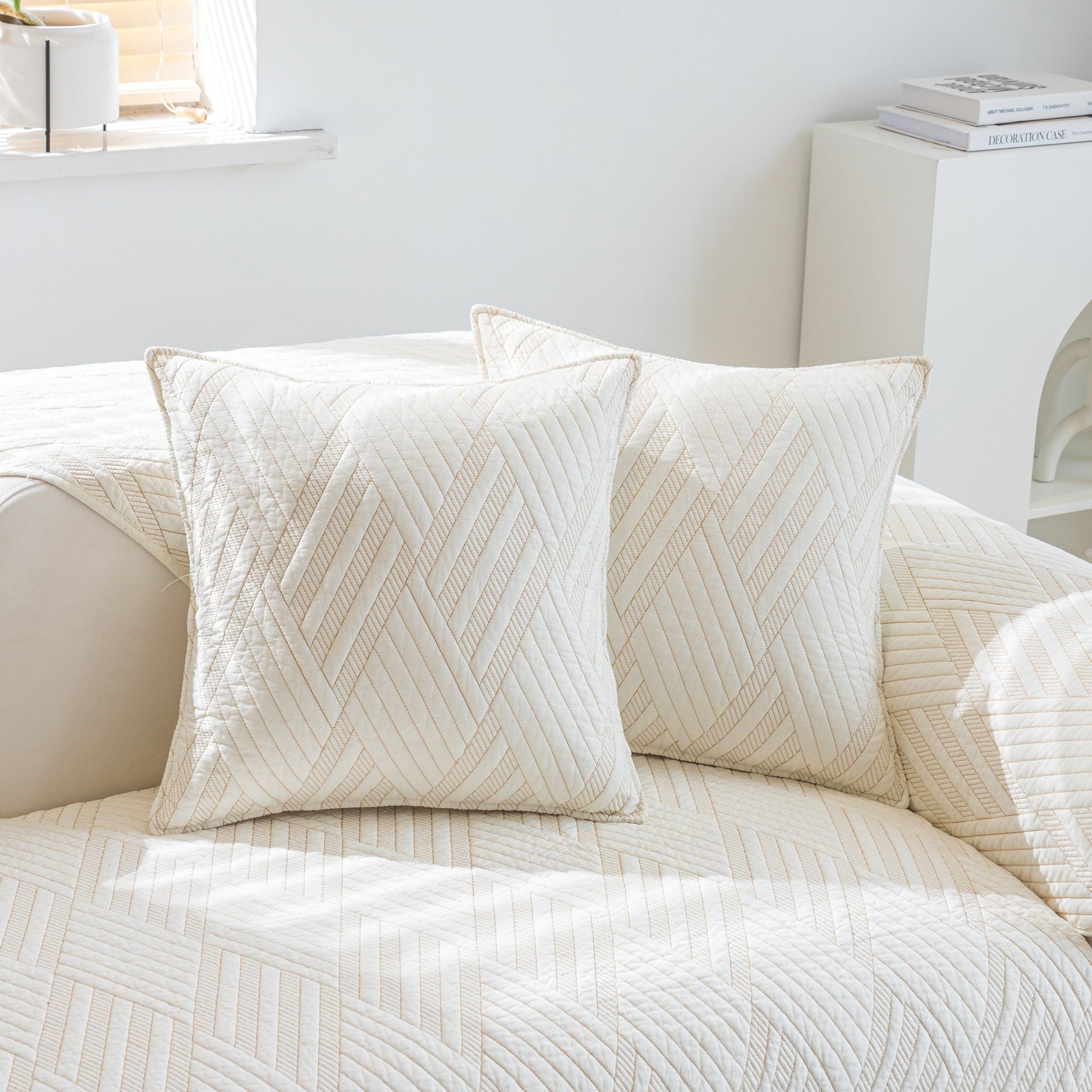 Quilted Geometric Cotton Sofa Cover, Non-Slip & Thick Padded Furniture Covers with geometric pattern and quilted texture.
