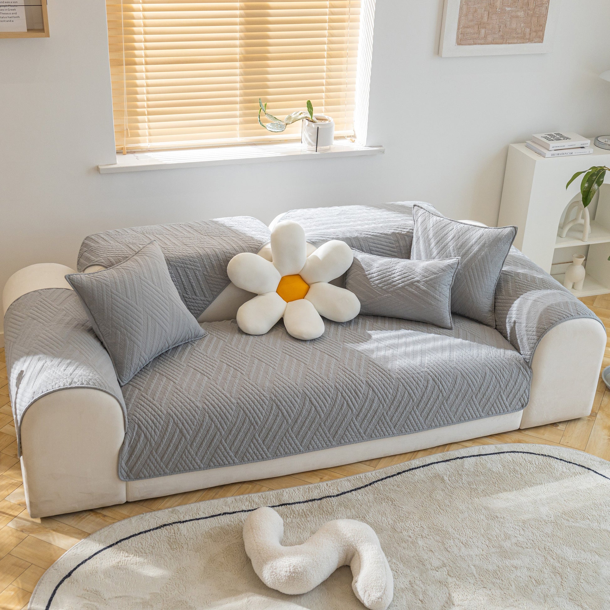 Quilted Geometric Cotton Sofa Cover, Non-Slip & Thick Padded Furniture Covers in stylish living room setting