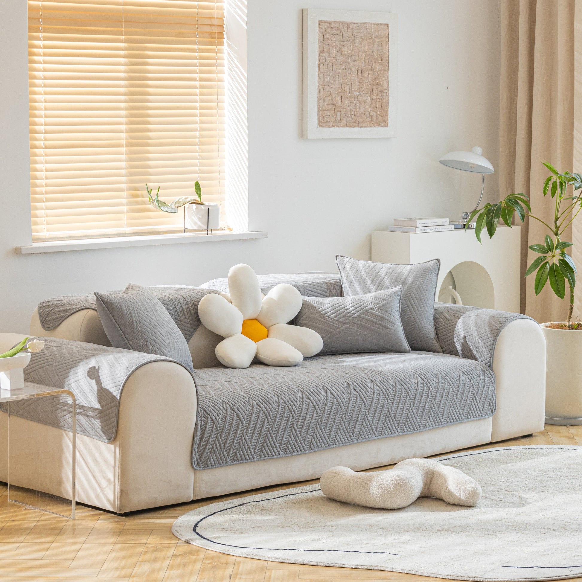 Quilted Geometric Cotton Sofa Cover, Non-Slip & Thick Padded Furniture Covers in a modern living room setting.
